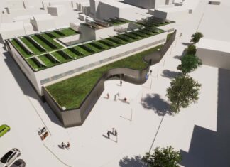 Simulación de la vista cenital del edificio del Centro de Salud de Aguilar y de sus accesos.