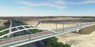 Render del viaducto sobre el Canal de Castilla y el Camino de Santiago, realizado por la empresa TPF, que es quien redactó el proyecto del tramo Amusco-Osorno de la LAV Palencia-Cantabria.