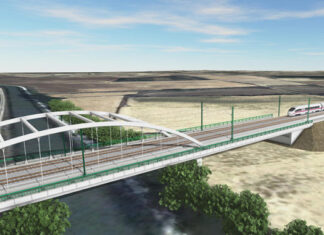 Render del viaducto sobre el Canal de Castilla y el Camino de Santiago, realizado por la empresa TPF, que es quien redactó el proyecto del tramo Amusco-Osorno de la LAV Palencia-Cantabria.