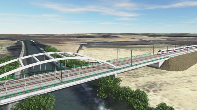 Render del viaducto sobre el Canal de Castilla y el Camino de Santiago, realizado por la empresa TPF, que es quien redactó el proyecto del tramo Amusco-Osorno de la LAV Palencia-Cantabria.