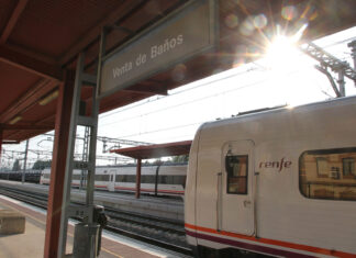 Dos trenes de Media Distancia parados en la estación de Venta de Baños por una afección en el servicio ferroviario entre Palencia y la localidad venteña. / ICAL