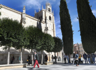 Imagen de archivo de turistas se disponen a entrar en la catedral de Palencia.