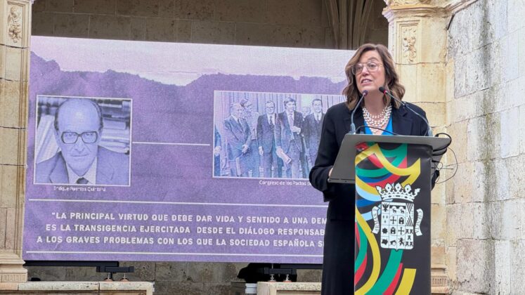 &Aacute;ngeles Armis&eacute;n, durante su discurso en el D&iacute;a de la Provincia, con la imagen de Enrique Fuentes Quintana a su espalda.