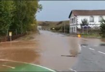 (Video) El río Rubagón anega Nestar y obliga a cortar la carretera entre Aguilar y Barruelo