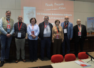 Brágimo (ICAL). La Unión de Jubilados y Pensionistas de UGT Castilla y León celebra su VIII Congreso Autonómico , en la imagen su secretario general, Felipe de Diego (C, junto a la nueva ejecutiva para los próximos cuatro años