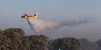 Un hidroavión del 43 Grupo de las Fuerzas Armadas hace una descarga sobre el Monte en el incendio de Paredes de Monte. / Brágimo (ICAL)