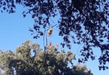 Un helicóptero se encamina a cargar en las piscinas del Monte. / Óscar Herrero