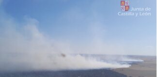 Vista aérea del incendio desde uno de los helicópteros de la lucha contra el fuego, en la que se observa la evolución del fuego y al fondo la masa forestal del Monte el Viejo. / JCYL
