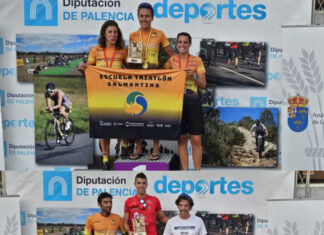 Ester Rodríguez y David Pérez, campeones regionales de triatlón estándar en Lantadilla Podium femenino y masculino en Lantadilla